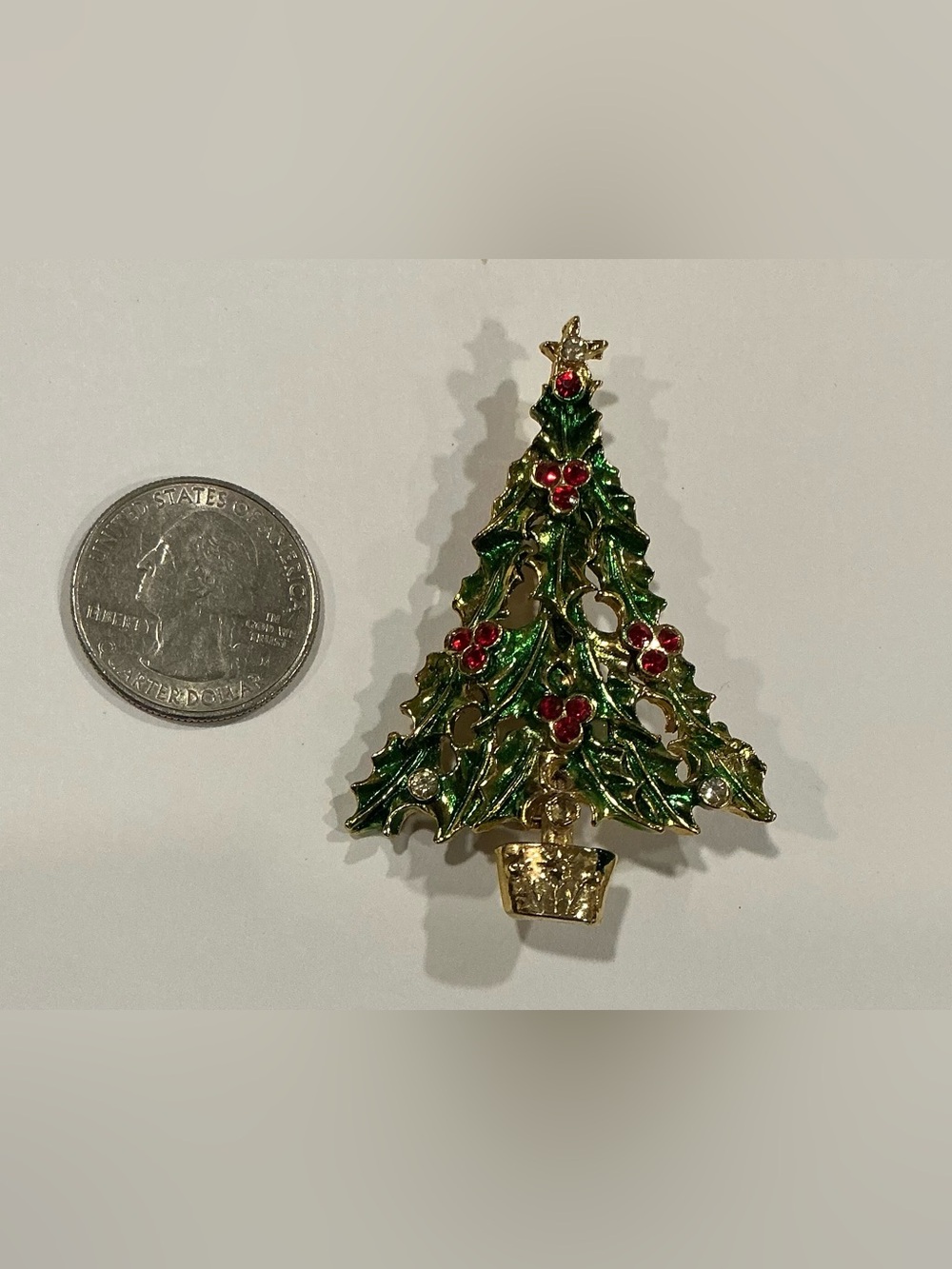 Festive Green and Red Christmas Tree Brooch - Gold Tone missing gem